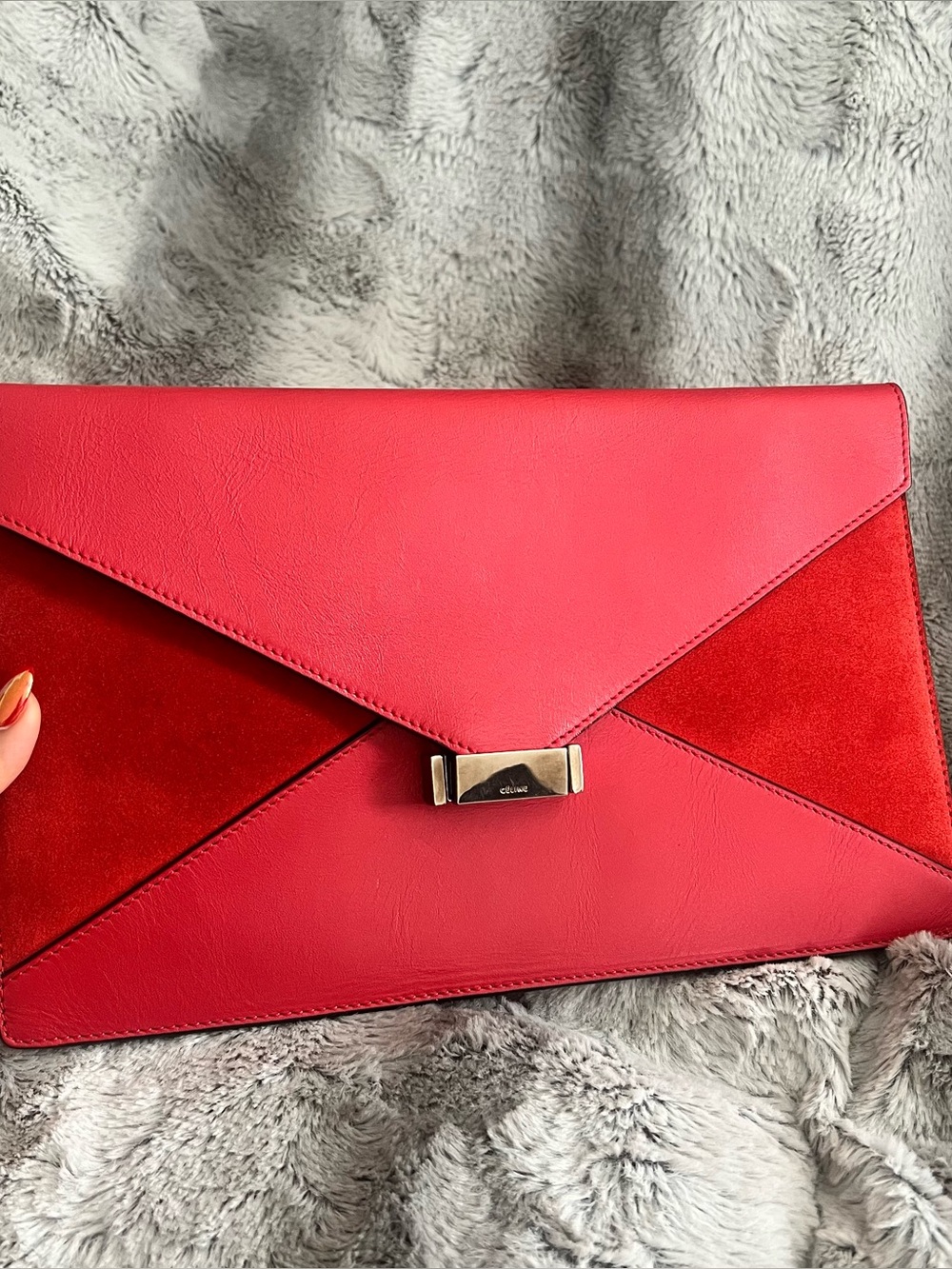 Celine Two-Tone Red Envelope Clutch with Gold-Tone Clasp